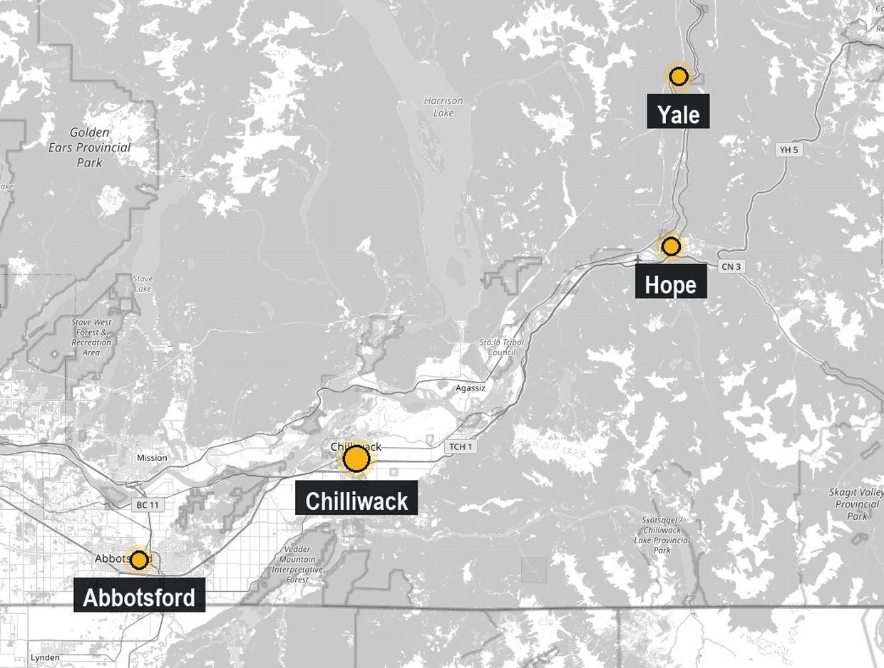 Map of the Fraser Valley showing Chilliwack, Abbotsford, Hope and Yale
